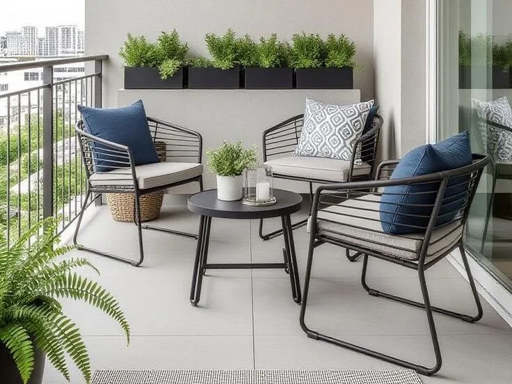 Balkon rumah sederhana yang diubah menjadi area duduk kecil dengan tanaman dan furnitur tahan cuaca