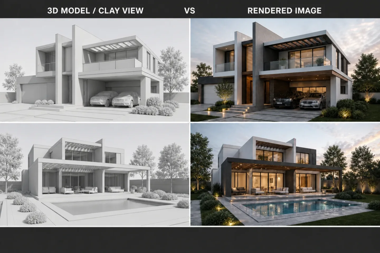 Comparison between simplified 3D architectural models and final rendered images with realistic materials, lighting, landscaping, and environmental context.