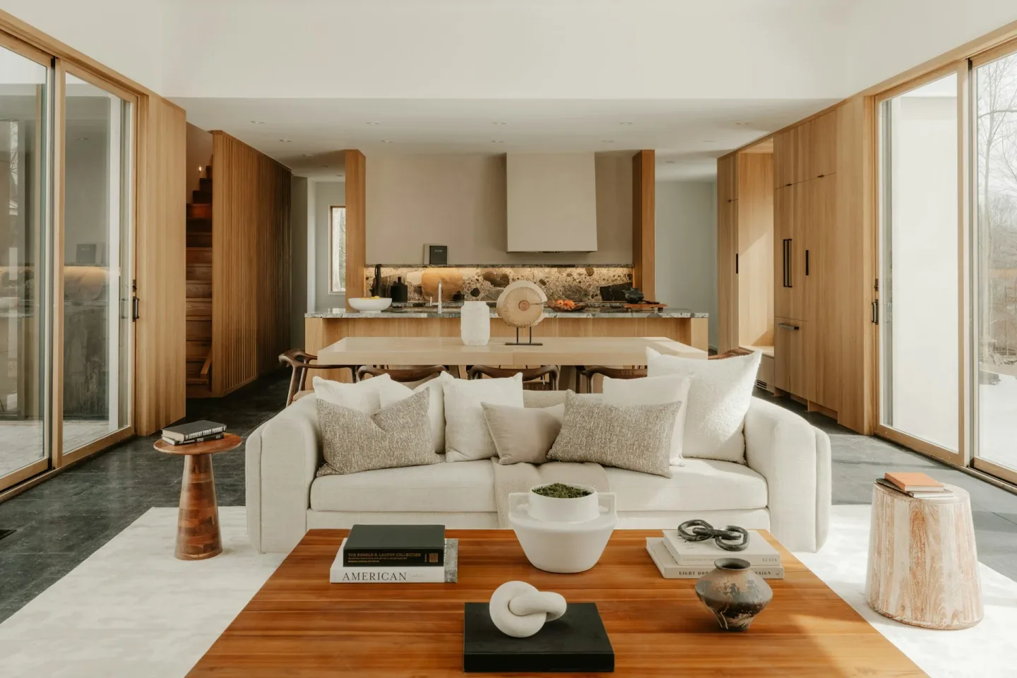 Modern Living Room And Kitchen With Natural Wood Accents