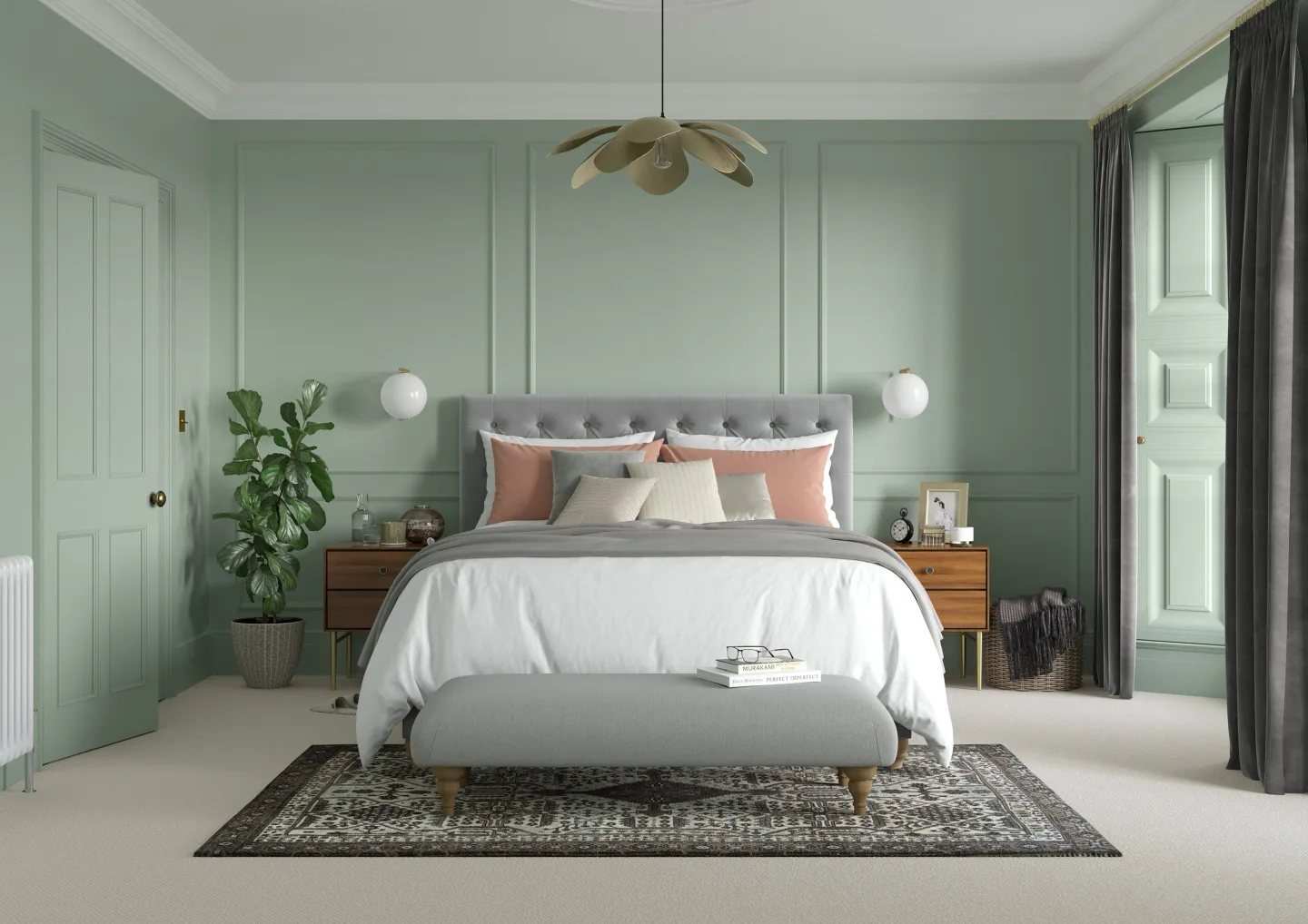 Kamar tidur dengan cat hijau sage yang memberi suasana sejuk dan natural